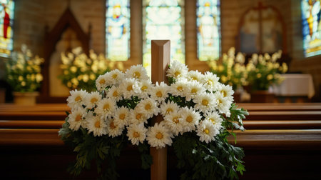 White chrysanthemums forming a cross, displayed elegantly on a church pew, framed by the glow of stained glassの素材
