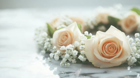 A serene wreath of roses and baby breath lying on a marble surface, their soft colors creating a peaceful tributeの素材