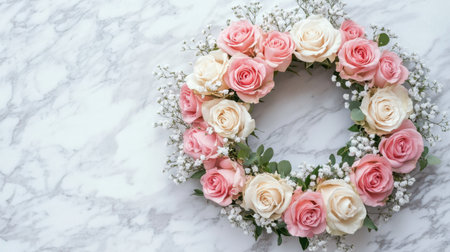 Soft pink and cream roses arranged with baby breath in a wreath, beautifully displayed on smooth white marbleの素材