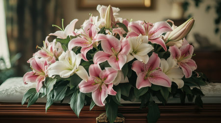 A peaceful arrangement of pink lilies decorating a casket, accentuated by muted tones of green and whiteの素材