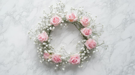 Pale roses intertwined with baby breath, forming a delicate wreath placed on a polished white marble backgroundの素材