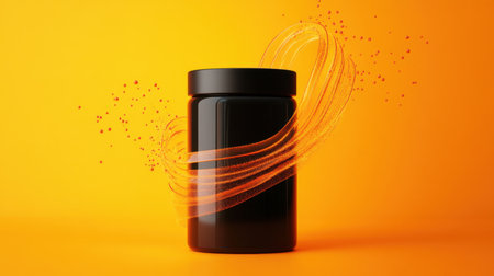 A fitness supplement container with dynamic liquid energy waves on a bright orange background.の素材