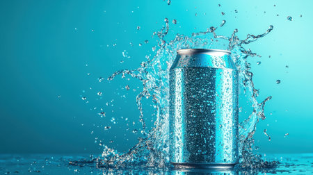 A soft drink can with dynamic fizz and liquid splashes on a striking cyan background.の素材