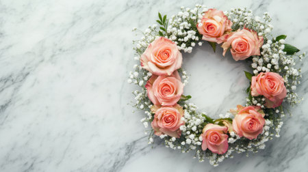 A serene wreath of roses and baby breath lying on a marble surface, their soft colors creating a peaceful tributeの素材