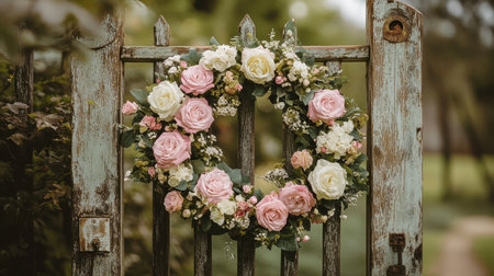 A handcrafted floral wreath with pastel pink and white roses hanging gracefully on a rustic, weathered gateの素材
