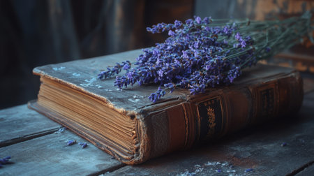 Withered lavender on an old, leather-bound book, softly lit in a quiet, timeless scene of reflectionの素材