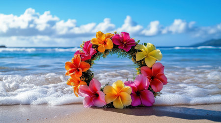 A vibrant tropical wreath of hibiscus, frangipani, and orchids placed near a sandy shore with waves gently crashing in the distanceの素材