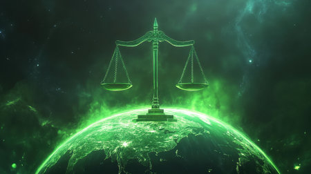 A symbolic image of justice scales atop a globe, surrounded by glowing green hues, emphasizing themes of international justiceの素材