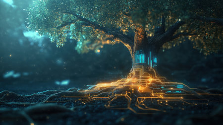 A radiant tree merging natural roots with digital circuits, representing the fusion of nature and technological progressの素材