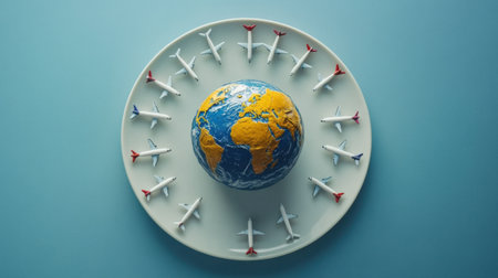 A plate with a miniature globe encircled by tiny airplanes, illustrating the movement and impact of international travelの素材