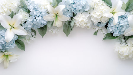 Overhead perspective of a white and pale blue hydrangea garland with lilies, exuding quiet eleganceの素材