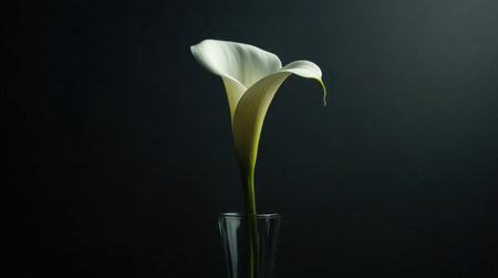 A single white calla lily standing elegantly in a clear glass vase against a deep black background, exuding minimalistic beautyの素材