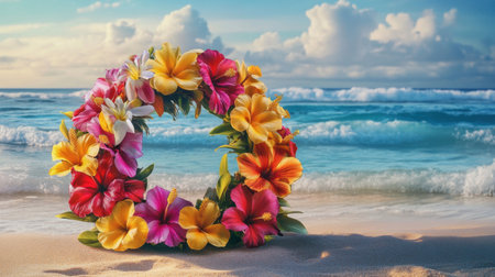 A vibrant tropical wreath of hibiscus, frangipani, and orchids placed near a sandy shore with waves gently crashing in the distanceの素材