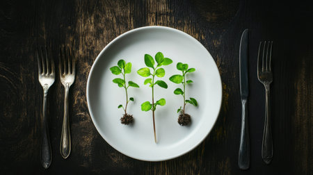 A plate with sprouting plants representing global startups, surrounded by utensils, symbolizing innovation and growthの素材