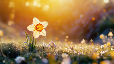 A single daffodil in vivid focus, its petals shining brightly against a beautifully blurred springtime backgroundの素材
