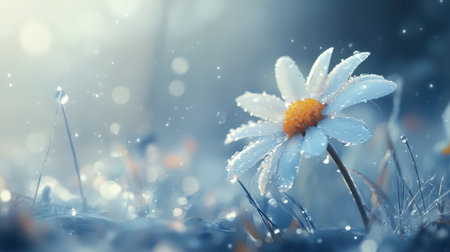A delicate daisy bending gently under its weight, each petal adorned with dew like tears, evoking emotionの素材