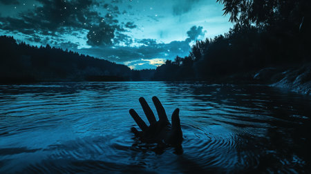 Eerie scene of a hand over dark, rippling water at night, with a haunting starry sky in the backgroundの素材