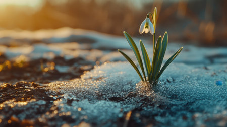 A snowdrop flower pushing through the frost, symbolizing hope and resilience in a chilly winter landscapeの素材