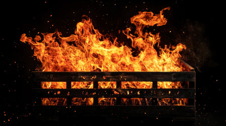Flaming hot empty BBQ grill crate with glowing flames and red-orange highlights against a dark black backgroundの素材