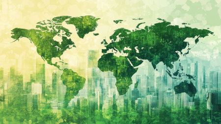 A vibrant world map in shades of green, featuring urban areas blending into forests and waterways, representing sustainable developmentの素材