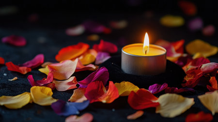 Petals of various colors artistically scattered around a candle, their texture enhanced against the rich black velvetの素材