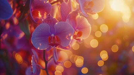 Vibrant orchid petals captured in stunning detail, framed by a warm, blurred bokeh backgroundの素材