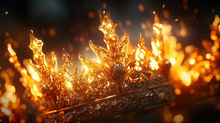 Close-up of three golden crowns with intricate details, glowing highlights, and a rich dark backdropの素材