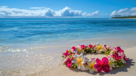 A wreath of tropical blooms on the sandy shore, framed by sparkling water and the distant horizonの素材