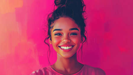Stylish young girl with a bun, smiling brightly against a fun and vibrant pink backgroundの素材
