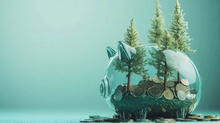 A piggy bank with miniature green trees and coins, symbolizing eco-finance and growth on a teal backgroundの素材