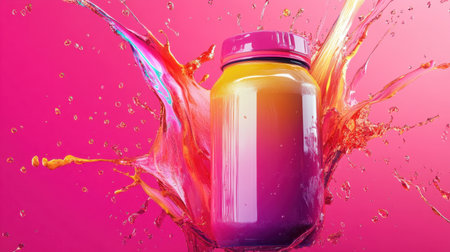 A colorful sports drink container with dynamic liquid streaks on a bold neon pink background.の素材