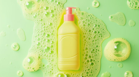 A vibrant dish soap bottle surrounded by dynamic sudsy liquid dispersions on a lime green background.の素材