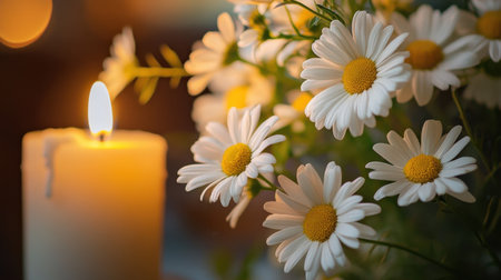 White daisies and yellow blooms in a small floral spray, arranged near a glowing candle in the soft evening lightの素材