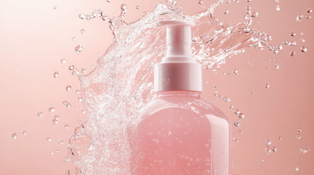 A modern shampoo container with dynamic water splashes highlighting the product against a soft pink background.の素材