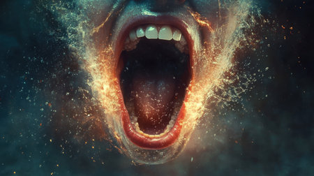 Close-up of a wide-open mouth in mid-scream, with saliva and particles dramatically illuminated in high detailの素材