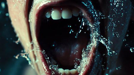 Extreme close-up of a person mouth screaming, saliva droplets captured in vivid clarity, evoking raw emotionの素材