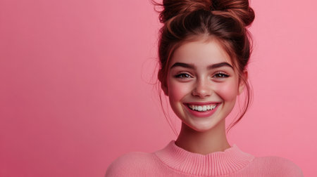 Close-up of a smiling girl with a stylish bun hairstyle, captured against a lively pink backdropの素材