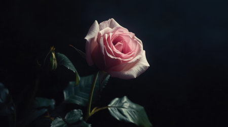 Overhead view of a delicate pink rose in full bloom against a deep black background, emphasizing its soft beautyの素材