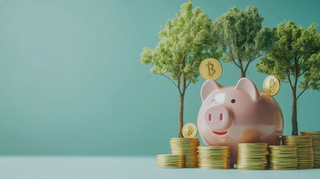 Piggy bank and gold coins with trees emerging from slots, showcasing eco-conscious financial growth on a teal backgroundの素材
