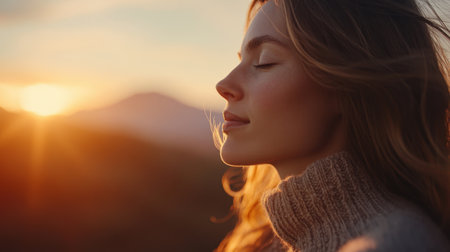Close-up of a woman meditating at sunset in the mountains, with soft light creating a tranquil atmosphereの素材