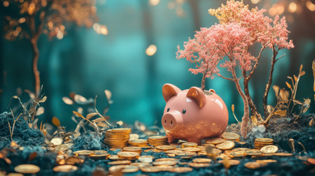 Pink piggy bank surrounded by gold coins, trees growing from slots, symbolizing green finance, on tealの素材