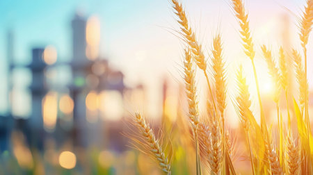 Focus on golden wheat stalks against a blurred industrial landscape featuring grain elevators under a bright skyの素材