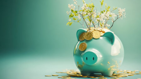 Conceptual piggy bank with gold coins and small trees sprouting, symbolizing eco-finance on tealの素材