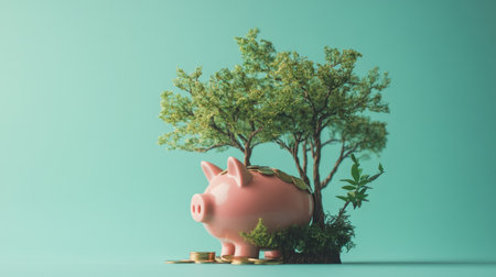 A piggy bank with miniature green trees and coins, symbolizing eco-finance and growth on a teal backgroundの素材
