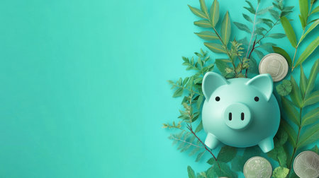 Minimalist piggy bank illustration with green saplings and coins on a teal background for eco-financeの素材