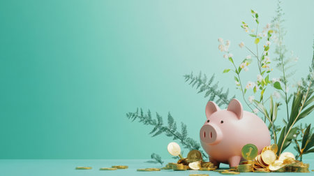 Conceptual eco-finance scene: piggy bank with gold coins and saplings sprouting on a teal backgroundの素材