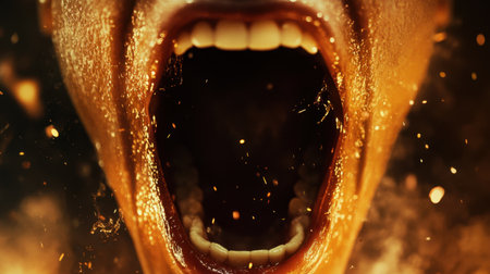 Close-up of a wide-open mouth in mid-scream, with saliva and particles dramatically illuminated in high detailの素材