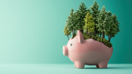 Close-up of a pink piggy bank with trees growing from its slots, highlighting sustainable financial growth on a teal backgroundの素材