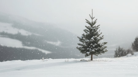 Festive Christmas tree standing in fresh snow, with snowflakes falling against a peaceful winter backdropの素材