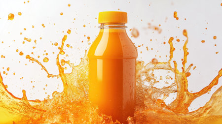 A vibrant juice bottle with dynamic orange liquid splashing outward, set on a bright white background.の素材